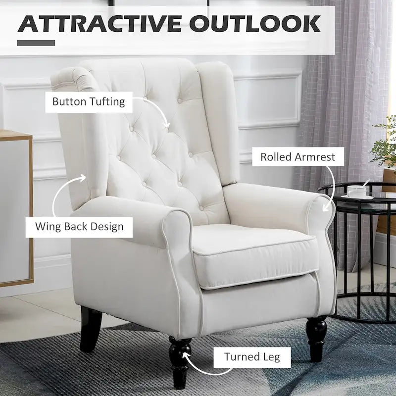 Fauteuil d'appoint capitonné moderne blanc crème de 74,4 cm de haut avec dossier ailé