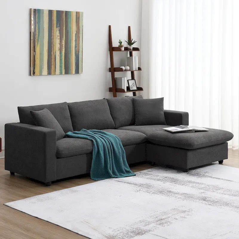 Canapé d'angle en L 4 places en polyester avec pouf convertible