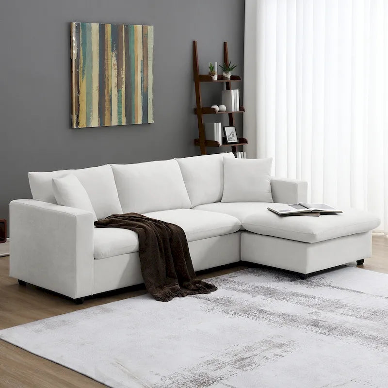 Canapé d'angle en L 4 places en polyester avec pouf convertible