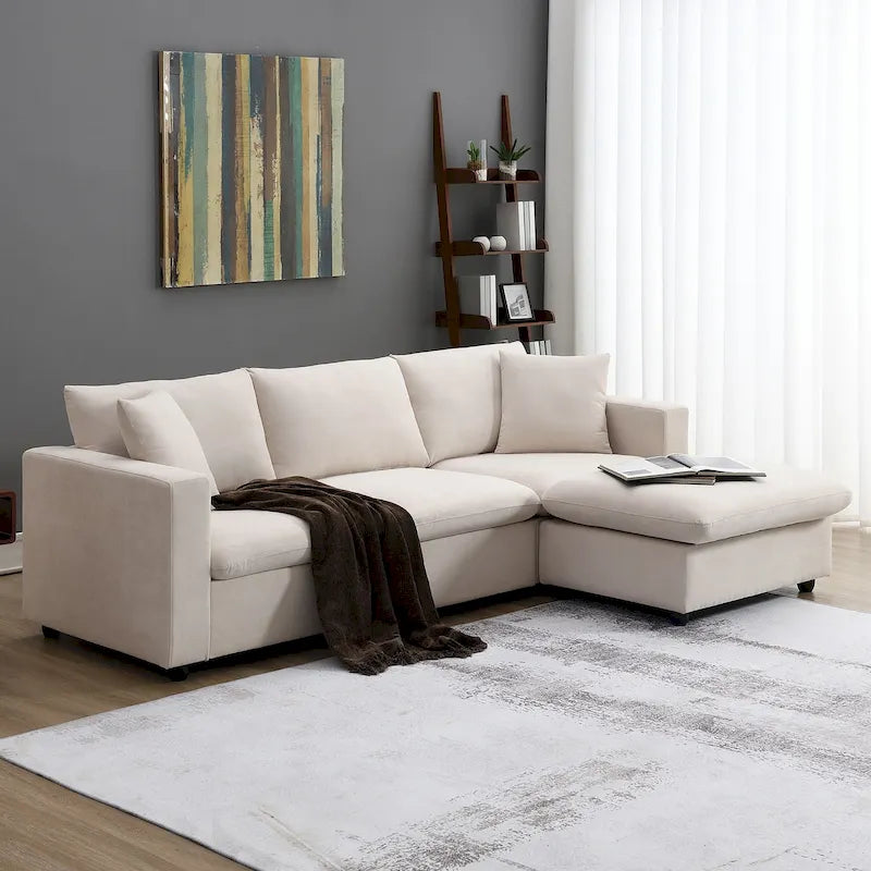 Canapé d'angle en L 4 places en polyester avec pouf convertible