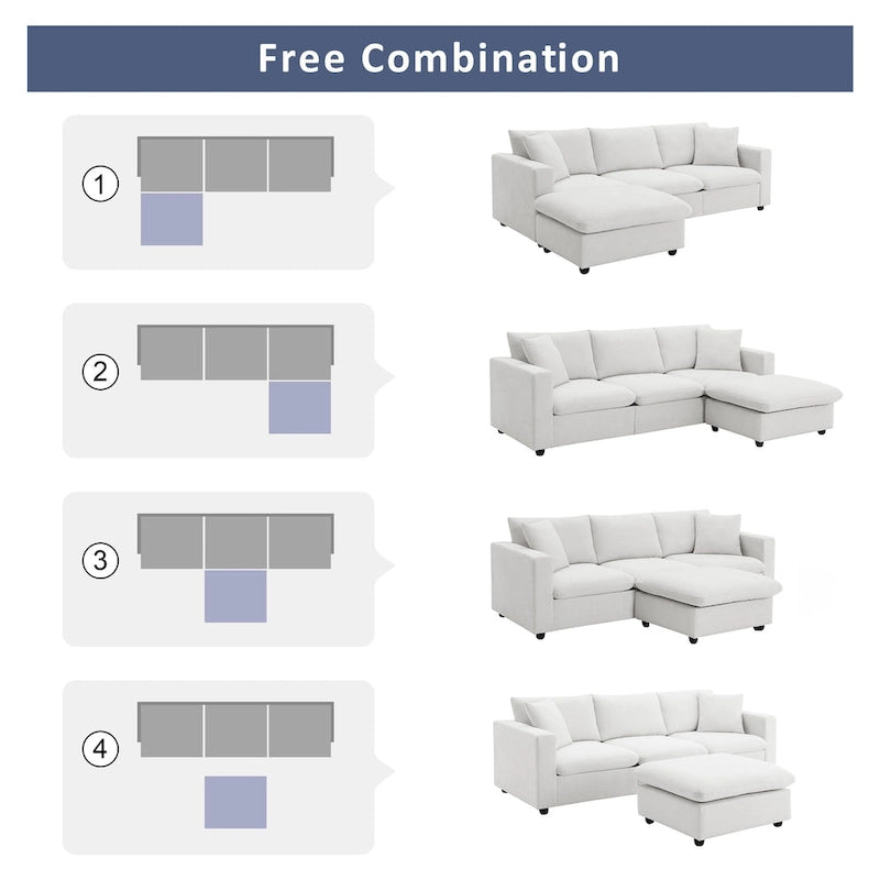 Canapé d'angle en L 4 places en polyester avec pouf convertible