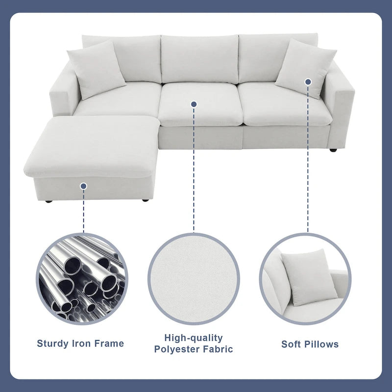 Canapé d'angle en L 4 places en polyester avec pouf convertible