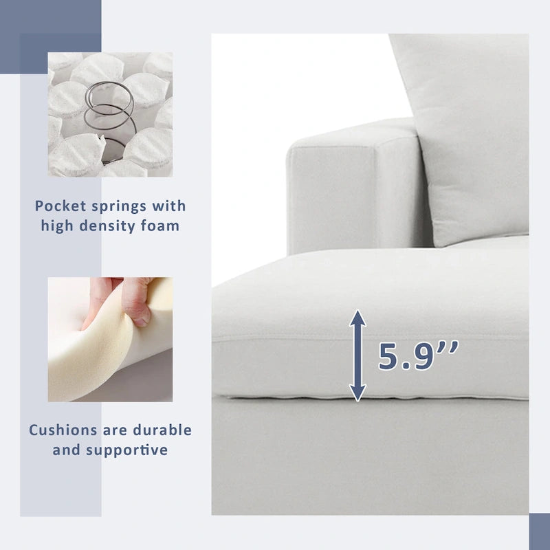 Canapé d'angle en L 4 places en polyester avec pouf convertible