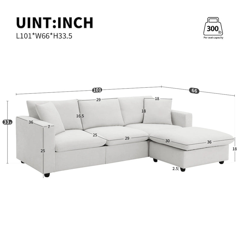 Canapé d'angle en L 4 places en polyester avec pouf convertible