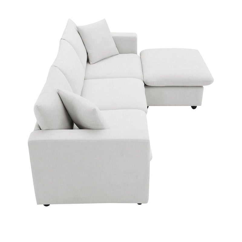 Canapé d'angle en L 4 places en polyester avec pouf convertible