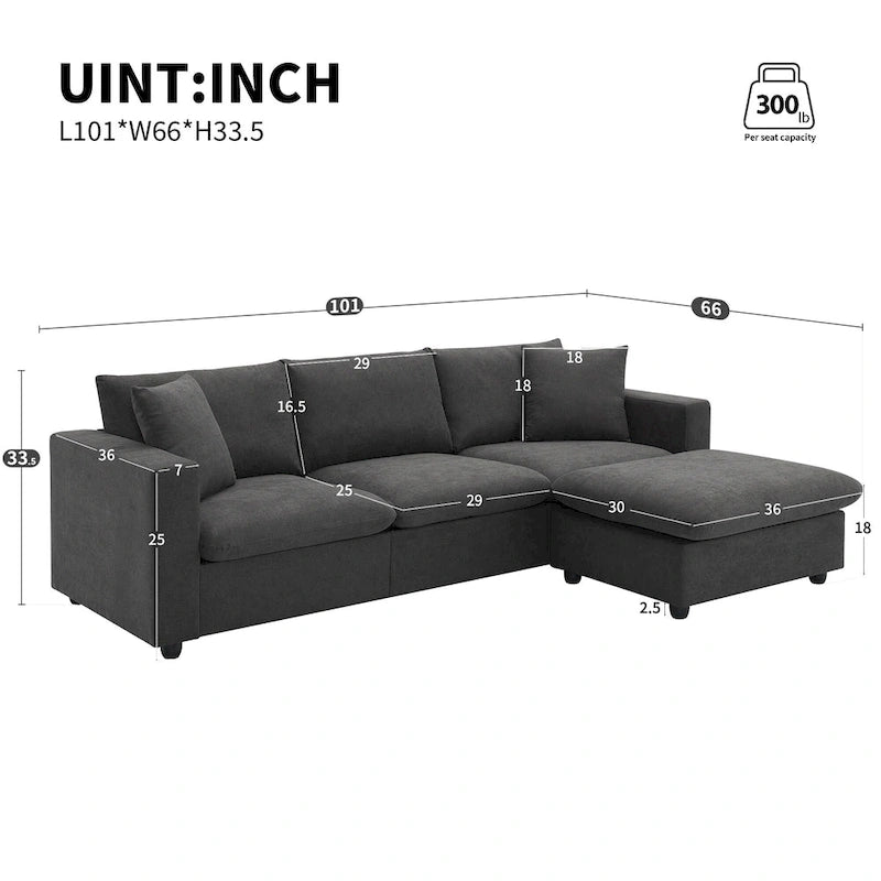 Canapé d'angle en L 4 places en polyester avec pouf convertible