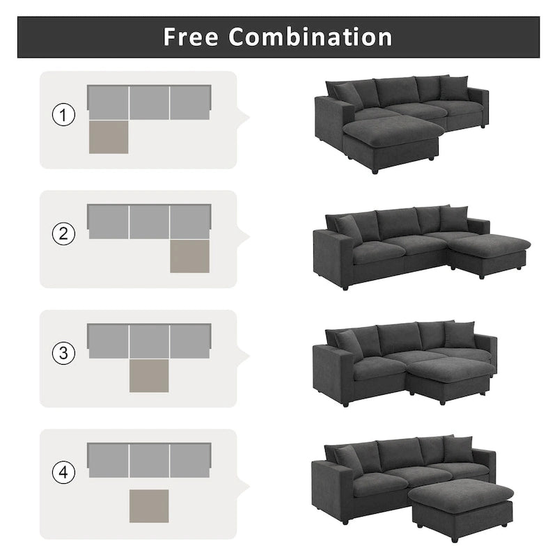 Canapé d'angle en L 4 places en polyester avec pouf convertible
