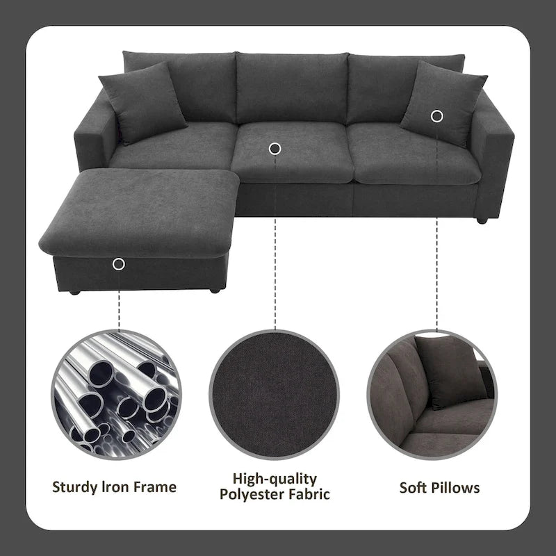 Canapé d'angle en L 4 places en polyester avec pouf convertible