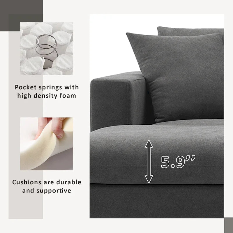 Canapé d'angle en L 4 places en polyester avec pouf convertible