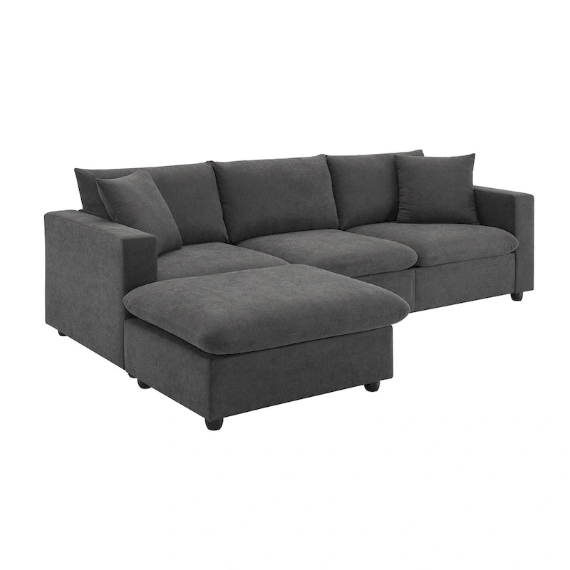 Canapé d'angle en L 4 places en polyester avec pouf convertible
