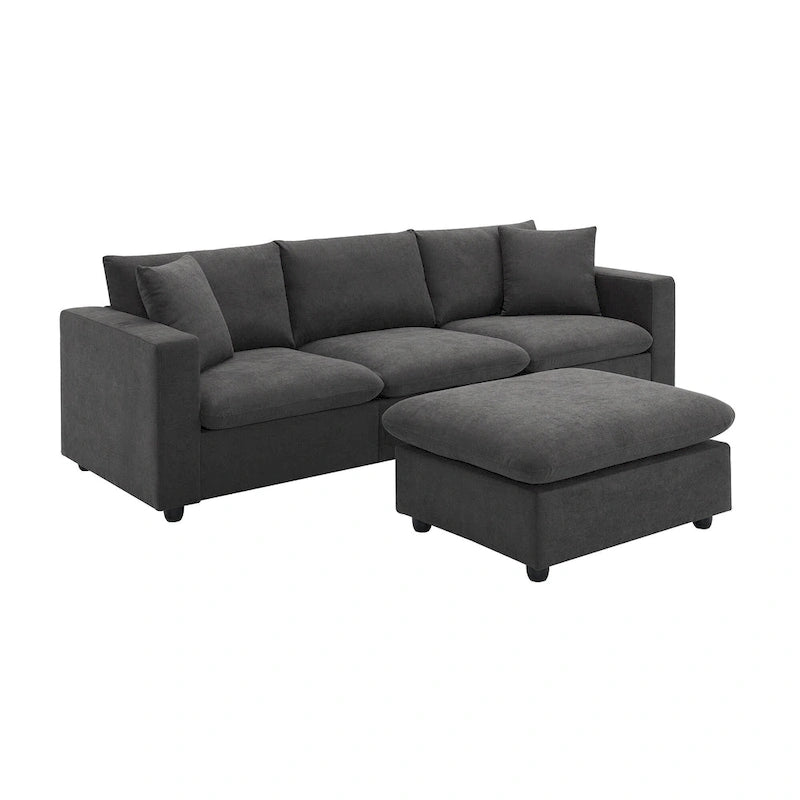 Canapé d'angle en L 4 places en polyester avec pouf convertible