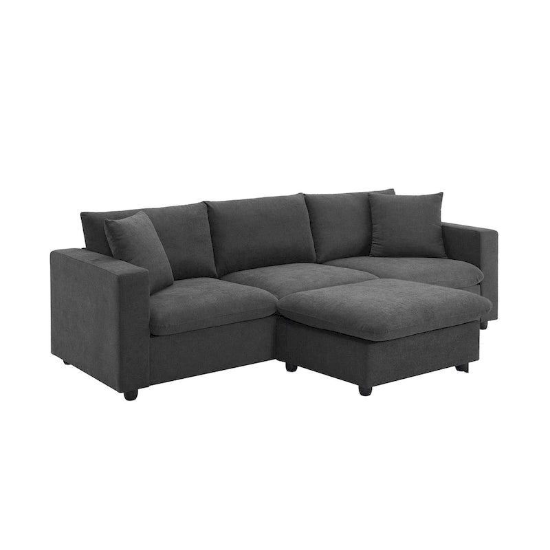 Canapé d'angle en L 4 places en polyester avec pouf convertible