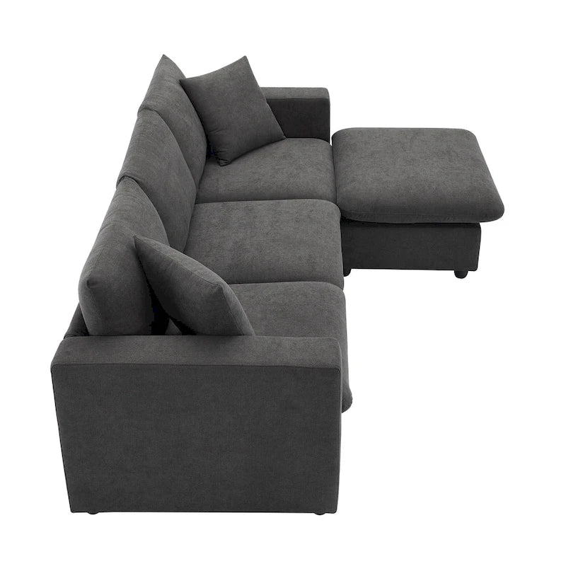 Canapé d'angle en L 4 places en polyester avec pouf convertible