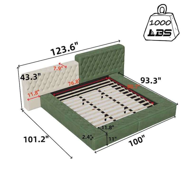 Lit King Size Rembourré avec Compartiments de Rangement et Pied de Lit