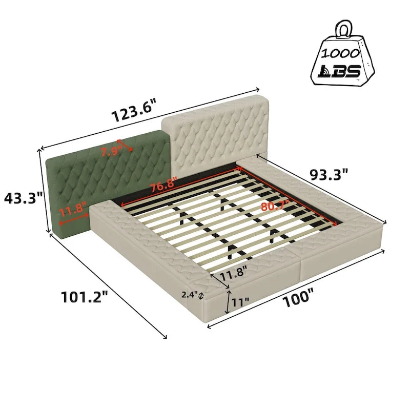 Lit King Size Rembourré avec Compartiments de Rangement et Pied de Lit