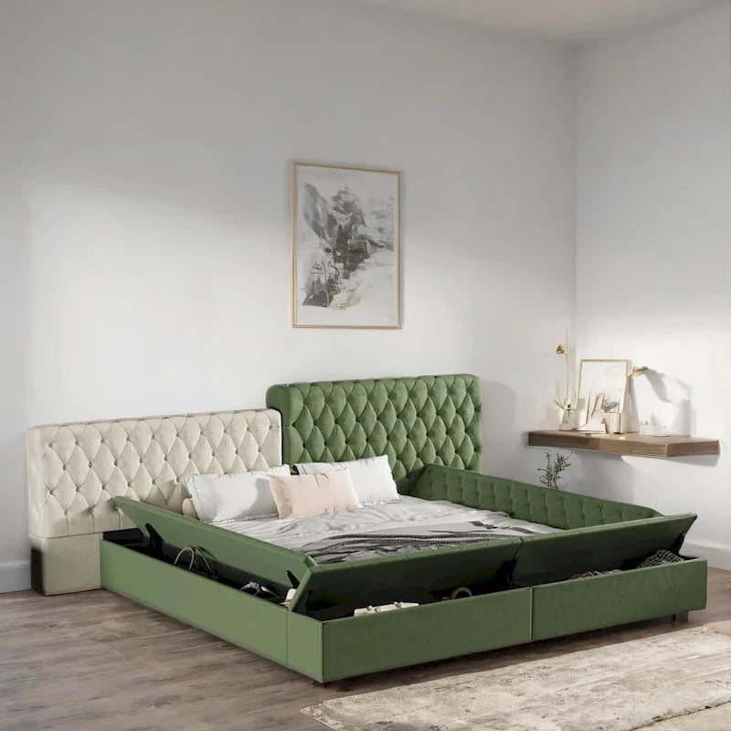 Lit King Size Rembourré avec Compartiments de Rangement et Pied de Lit