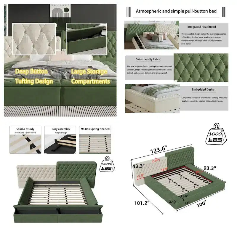 Lit King Size Rembourré avec Compartiments de Rangement et Pied de Lit