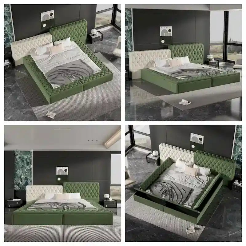 Lit King Size Rembourré avec Compartiments de Rangement et Pied de Lit
