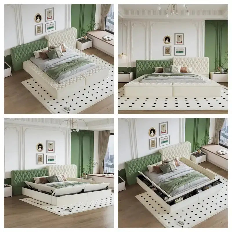 Lit King Size Rembourré avec Compartiments de Rangement et Pied de Lit