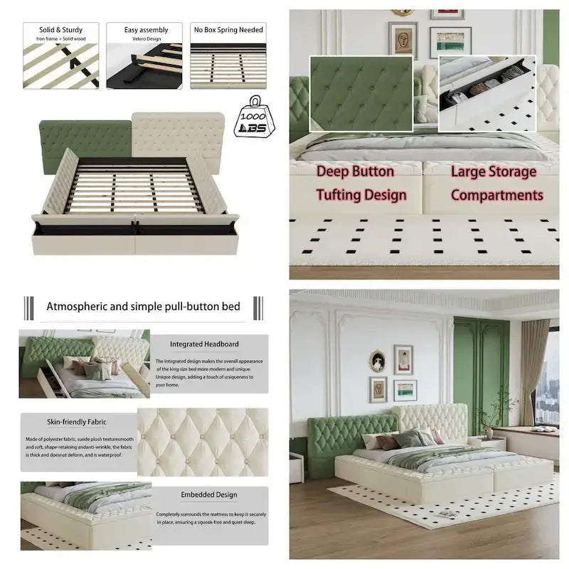 Lit King Size Rembourré avec Compartiments de Rangement et Pied de Lit