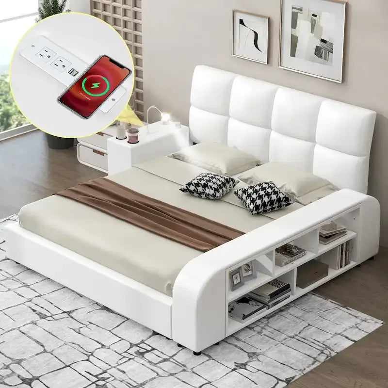 Cadre de lit plateforme en cuir PU avec table de chevet multimédia