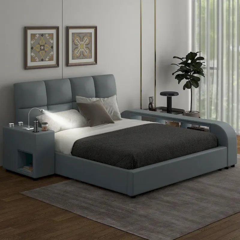 Cadre de lit plateforme en cuir PU avec table de chevet multimédia