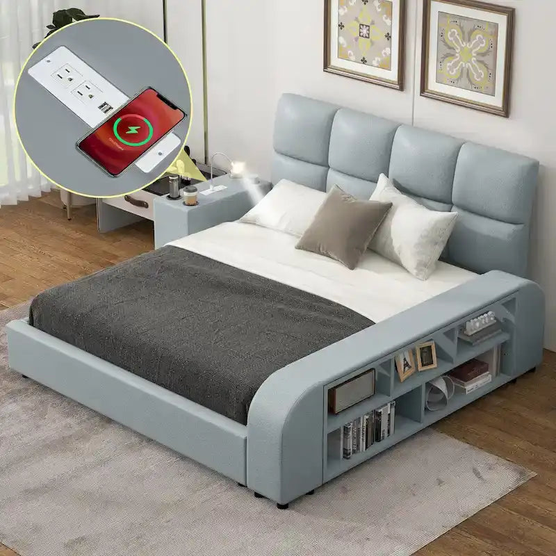 Cadre de lit plateforme en cuir PU avec table de chevet multimédia