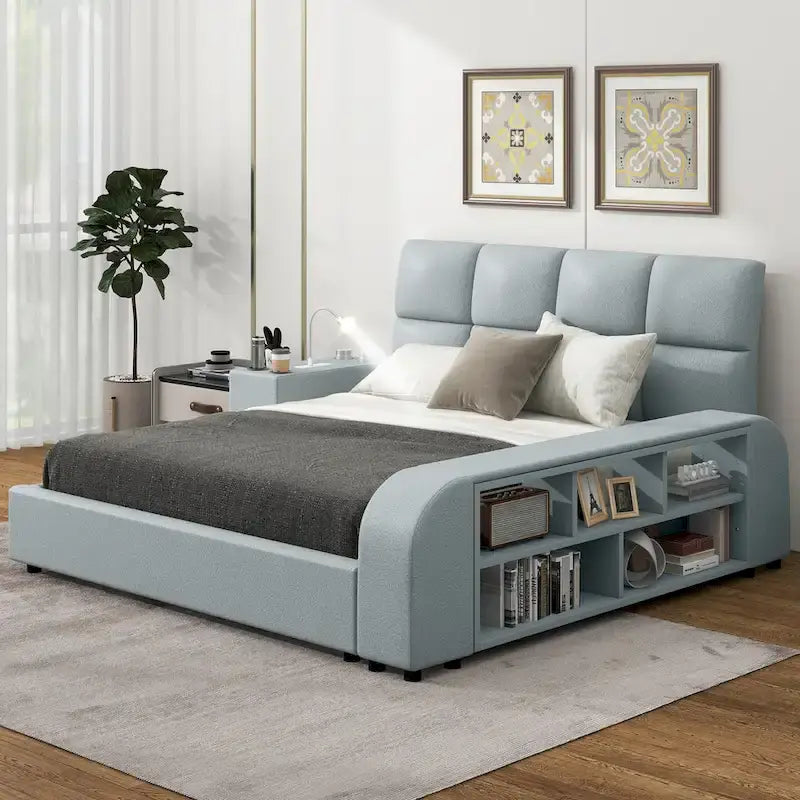 Cadre de lit plateforme en cuir PU avec table de chevet multimédia