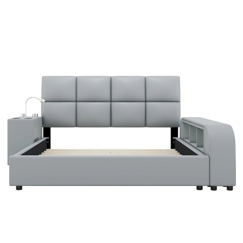 Cadre de lit plateforme en cuir PU avec table de chevet multimédia