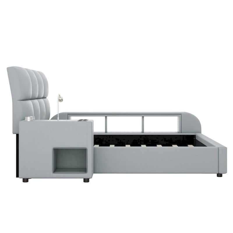 Cadre de lit plateforme en cuir PU avec table de chevet multimédia