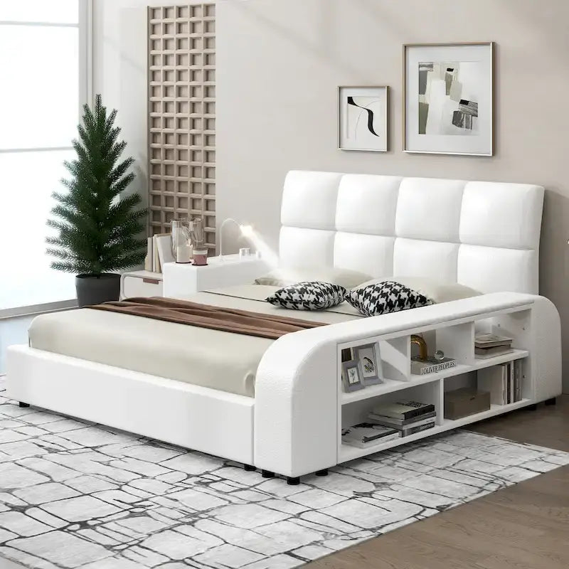 Cadre de lit plateforme en cuir PU avec table de chevet multimédia