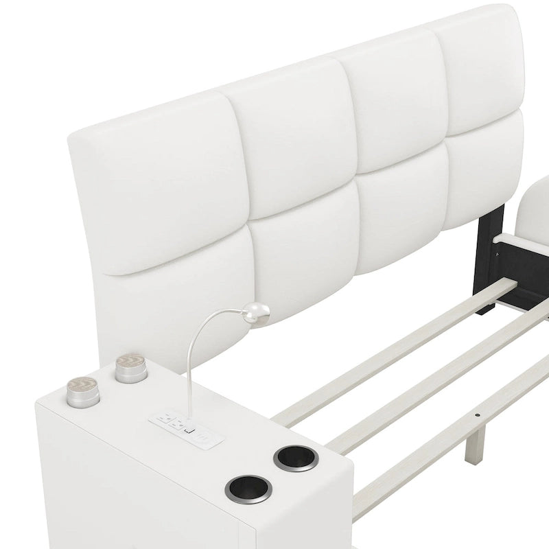 Cadre de lit plateforme en cuir PU avec table de chevet multimédia