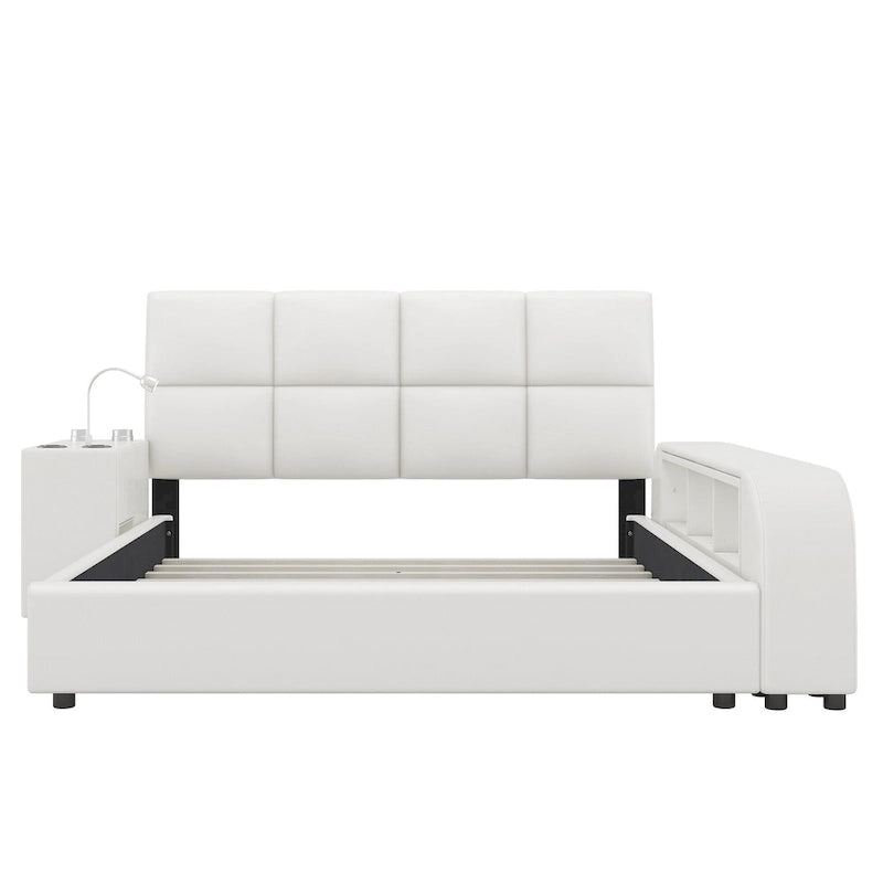 Cadre de lit plateforme en cuir PU avec table de chevet multimédia