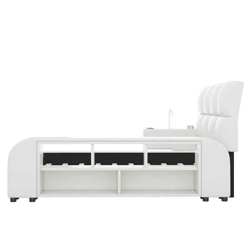 Cadre de lit plateforme en cuir PU avec table de chevet multimédia