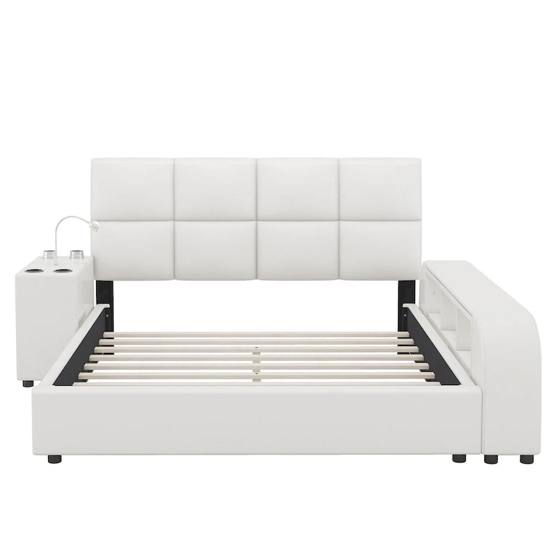Cadre de lit plateforme en cuir PU avec table de chevet multimédia