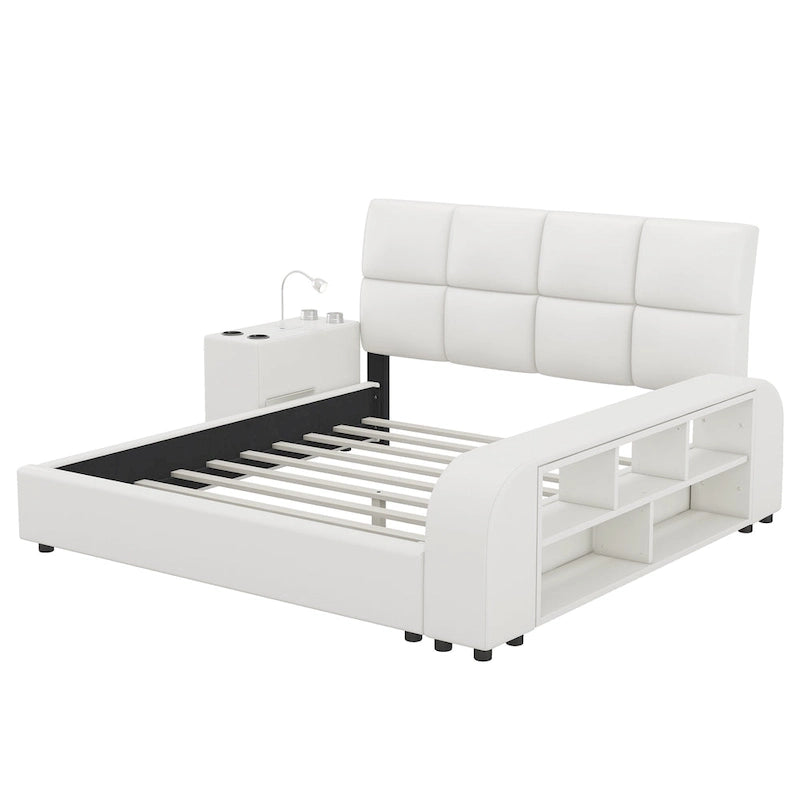 Cadre de lit plateforme en cuir PU avec table de chevet multimédia
