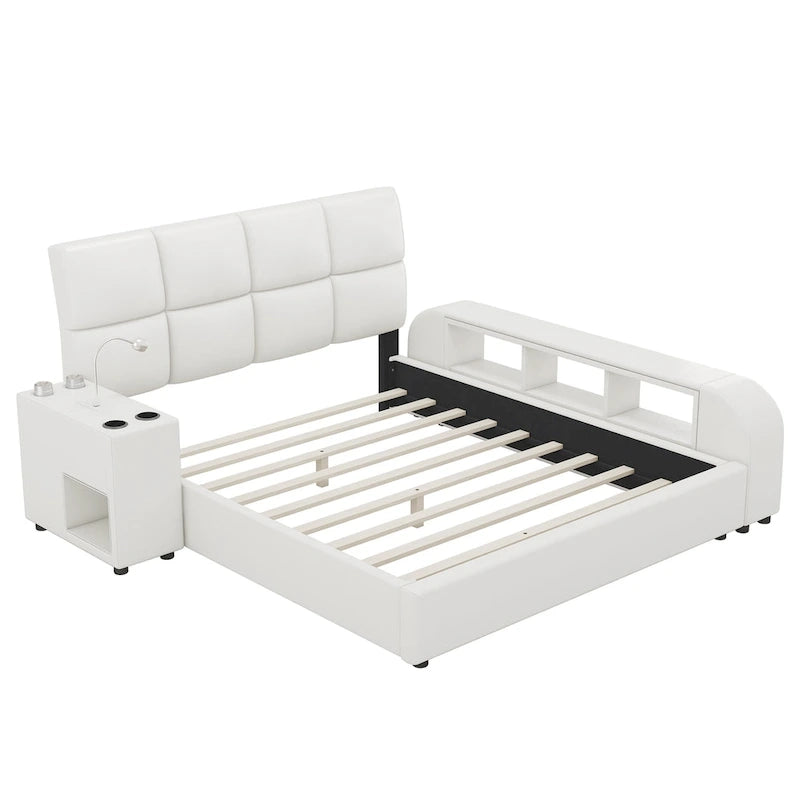 Cadre de lit plateforme en cuir PU avec table de chevet multimédia