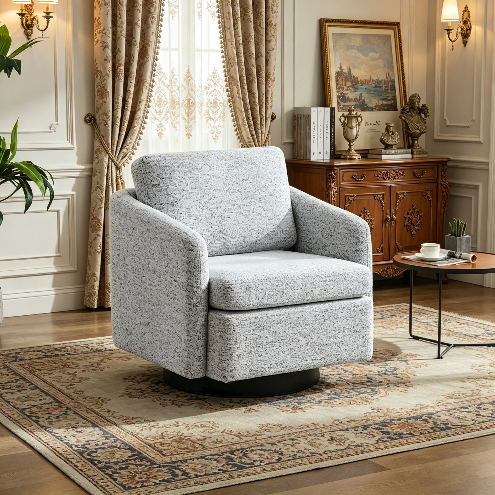 Fauteuil pivotant Chenille blanc et noir 31,5" avec cadre en bois massif