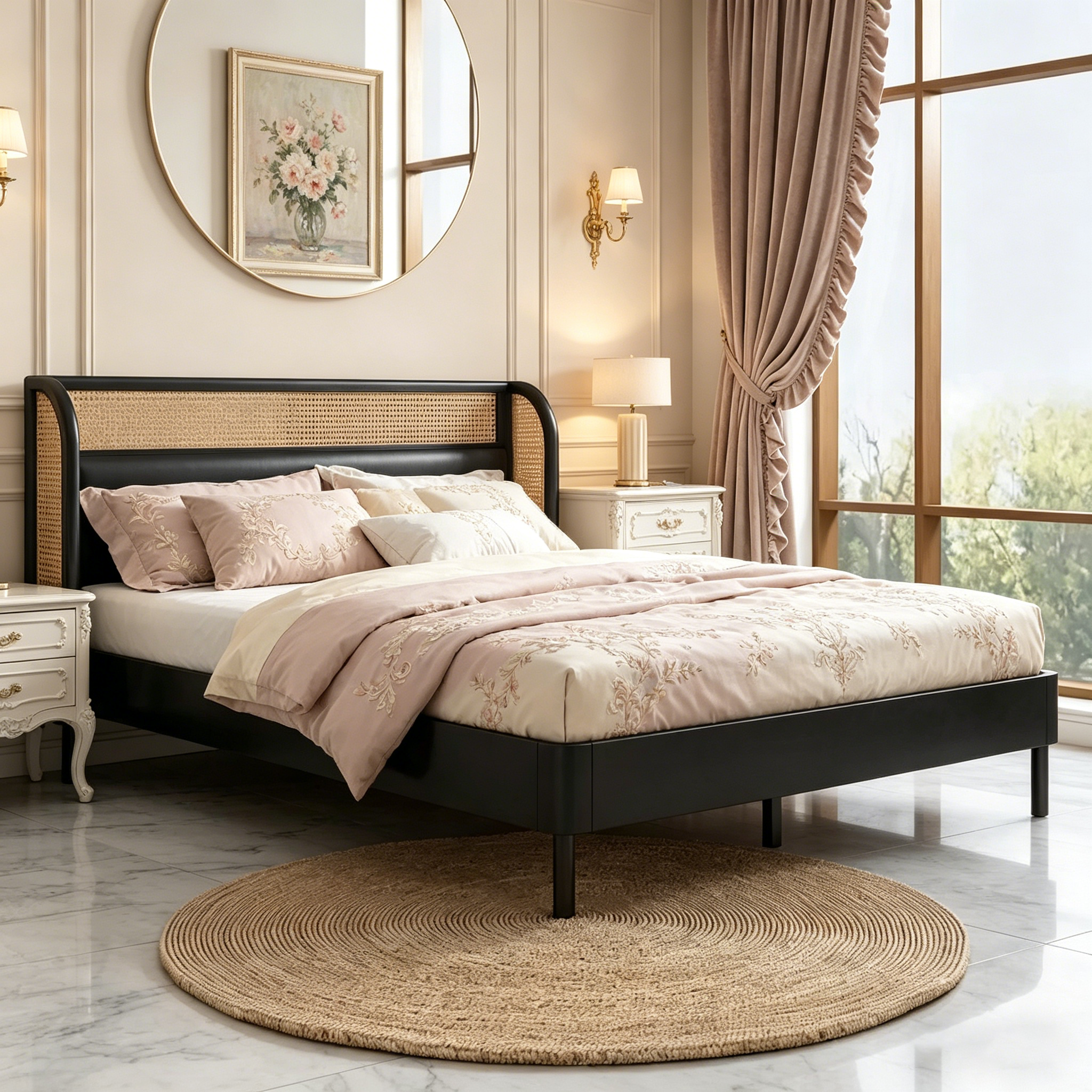 Lit plateforme Queen en bois de rotin Cannage moderne, noir