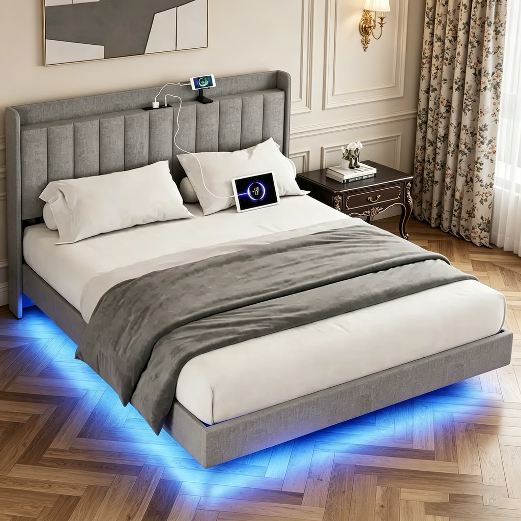 Cadre de lit flottant moderne rembourré avec lumières LED