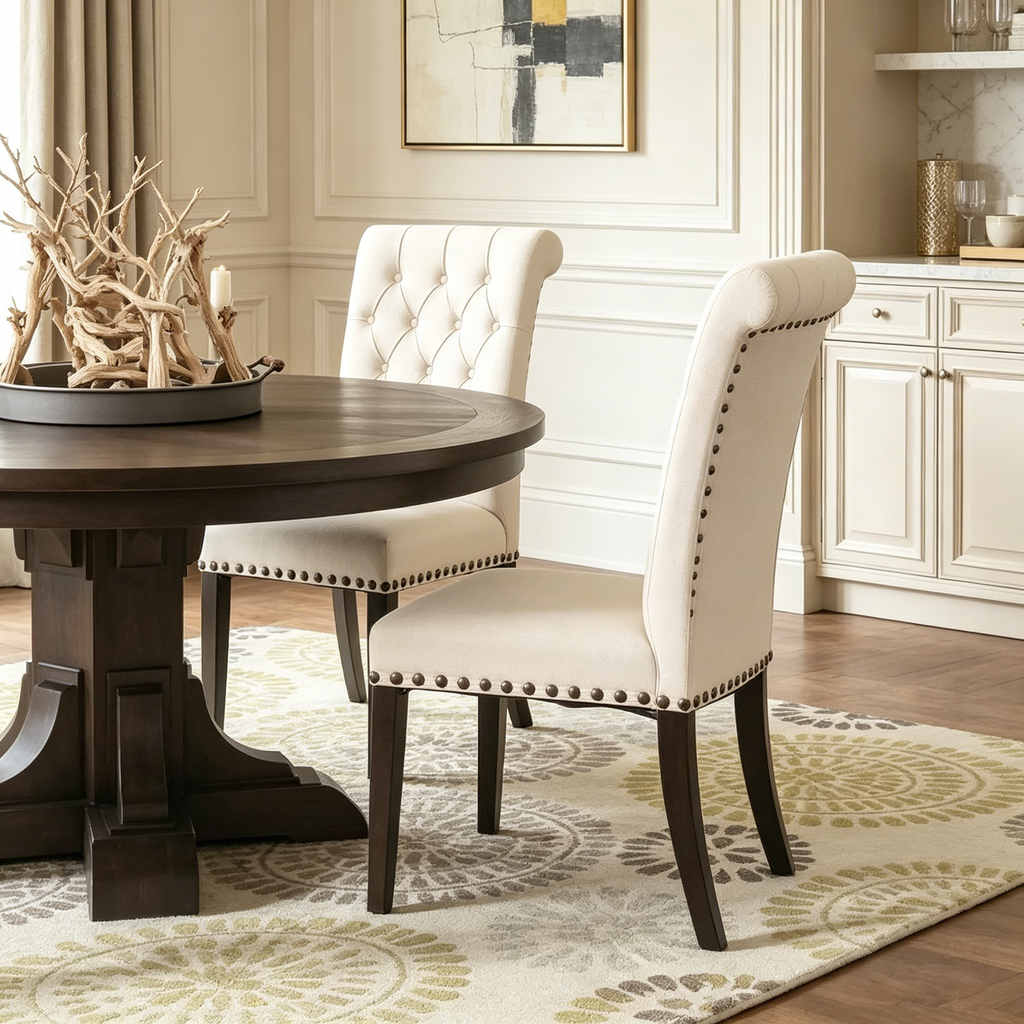 Chaises de salle à manger capitonnées à dossier roulé décoratif avec garniture cloutée (lot de 2)