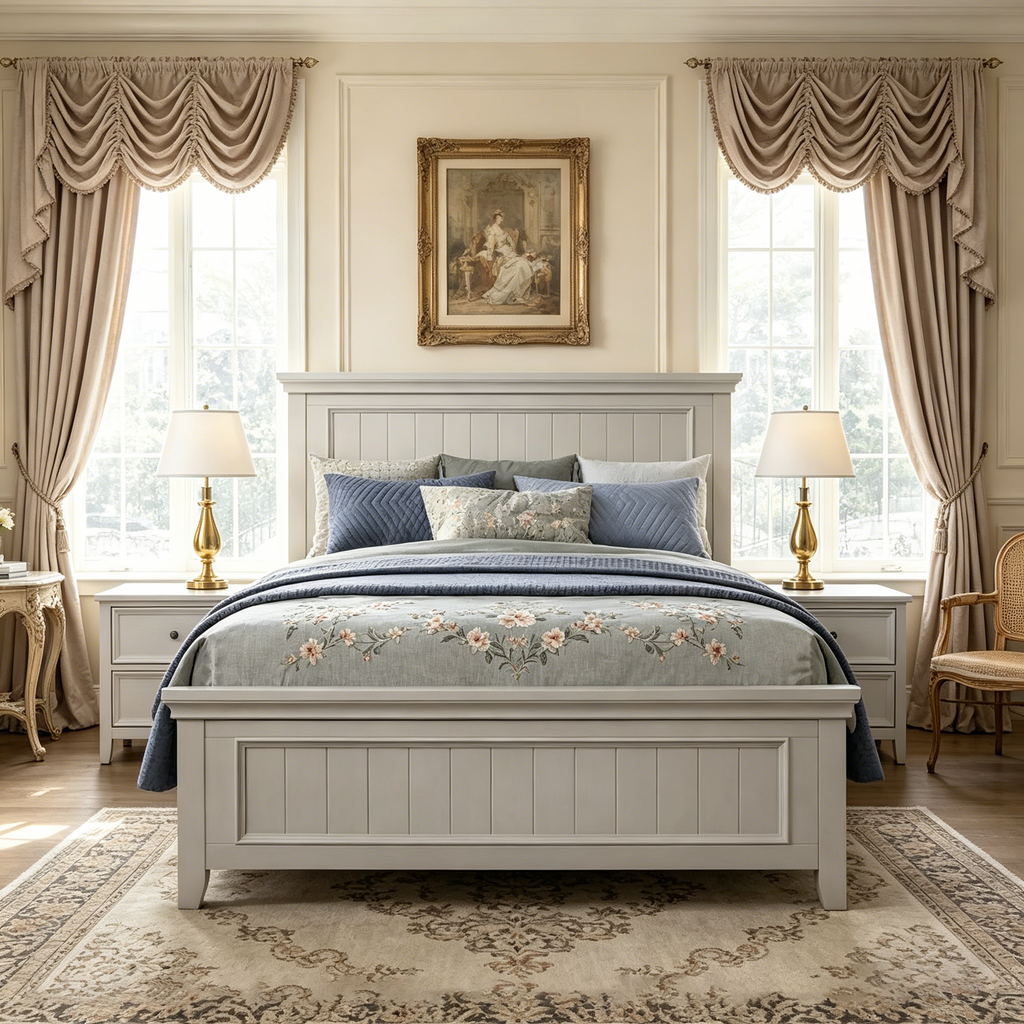 Mobilier de chambre à coucher, comprenant un lit et deux tables de chevet