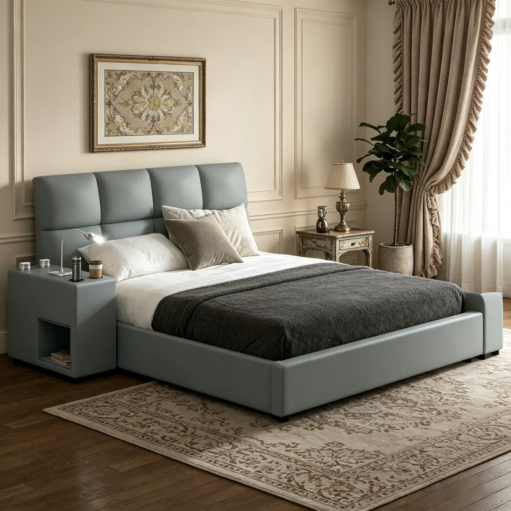 Cadre de lit plateforme en cuir PU avec table de chevet multimédia