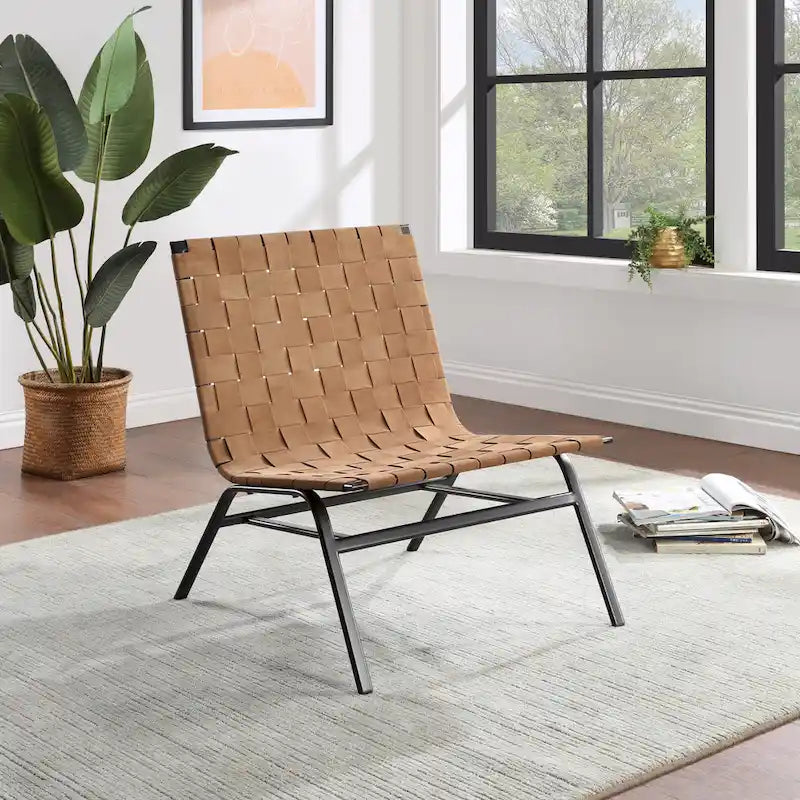 Fauteuil de salon en cuir tressé marron