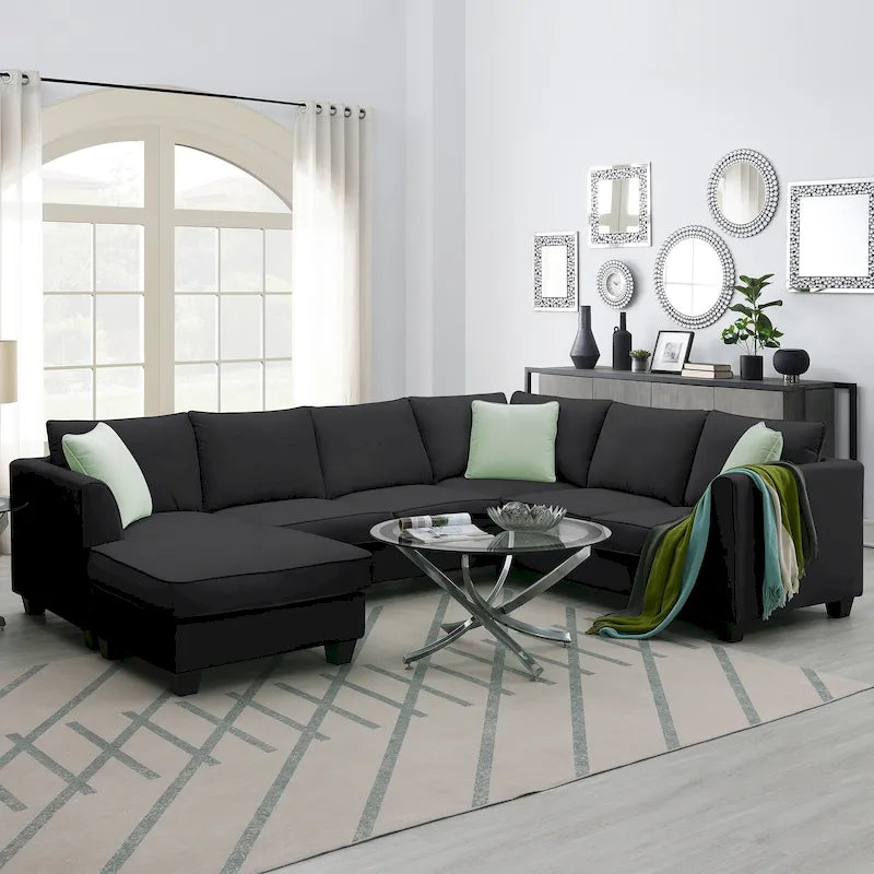 Canapés d'angle 112*87 cm Ensembles de salon 7 places Canapé d'angle modulable avec 3 oreillers, Noir