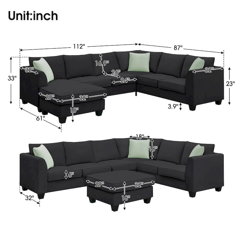 Canapés d'angle 112*87 cm Ensembles de salon 7 places Canapé d'angle modulable avec 3 oreillers, Noir