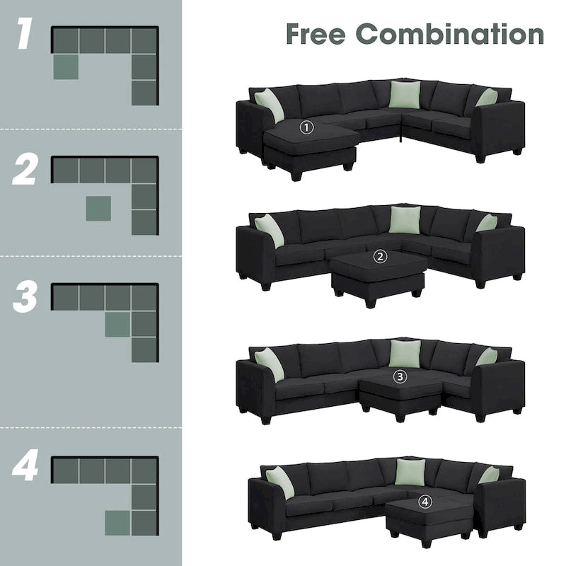 Canapés d'angle 112*87 cm Ensembles de salon 7 places Canapé d'angle modulable avec 3 oreillers, Noir