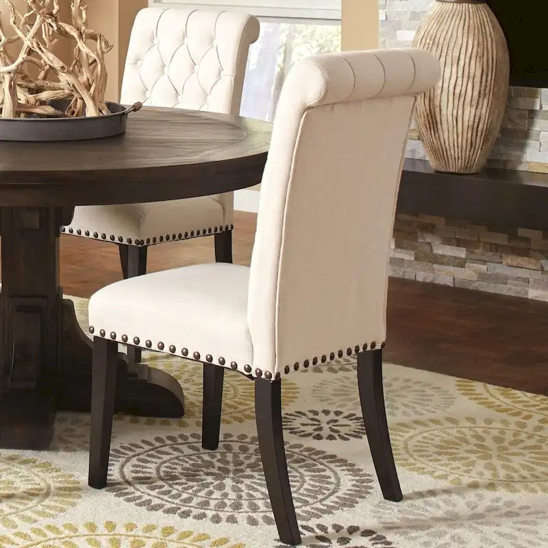 Chaises de salle à manger capitonnées à dossier roulé décoratif avec garniture cloutée (lot de 2)
