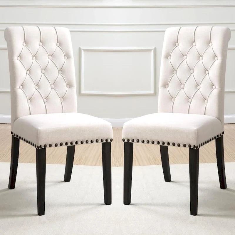 Chaises de salle à manger capitonnées à dossier roulé décoratif avec garniture cloutée (lot de 2)