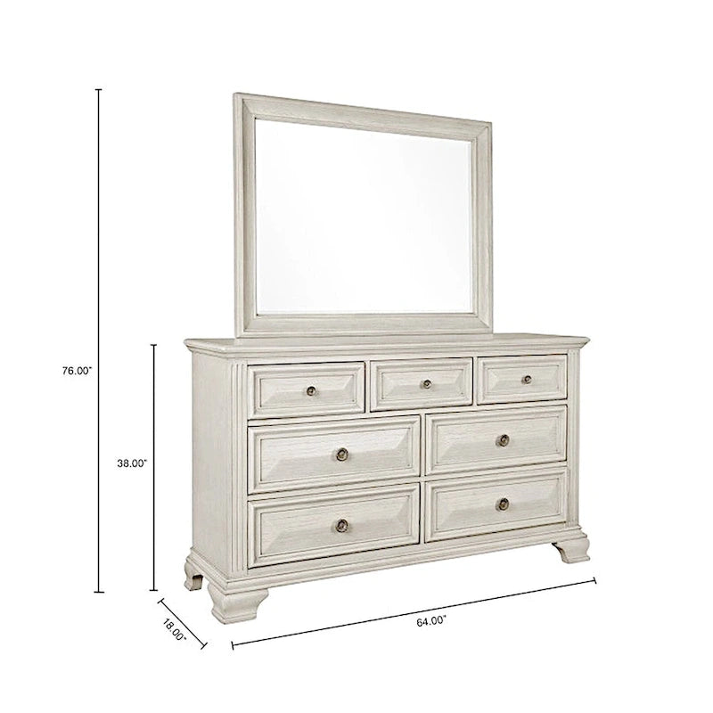 Chambre à coucher en bois d'aspect vieilli parchemin avec lit à panneaux, commode, miroir, table de chevet, chiffonnier